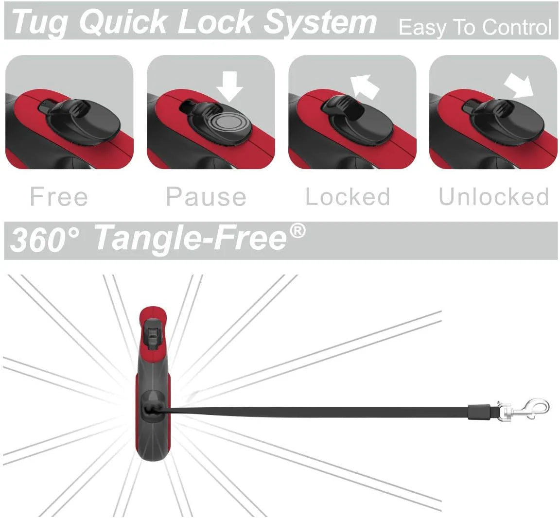 TUG 360° Tangle-Free Retractable Dog Leash - One-Handed Control with Anti-Slip Grip